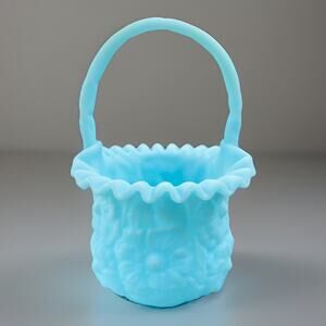 FENTON BLUE SATIN MILK GLASS POPPY FLOWER BASKET 10.5"H X 6.5”W RUFFLED RIM